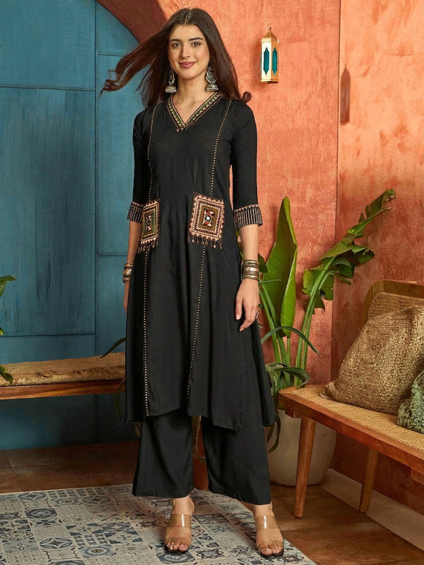 Women's Black Solid Rayon A-Line Kurta Pant Dupatta Set