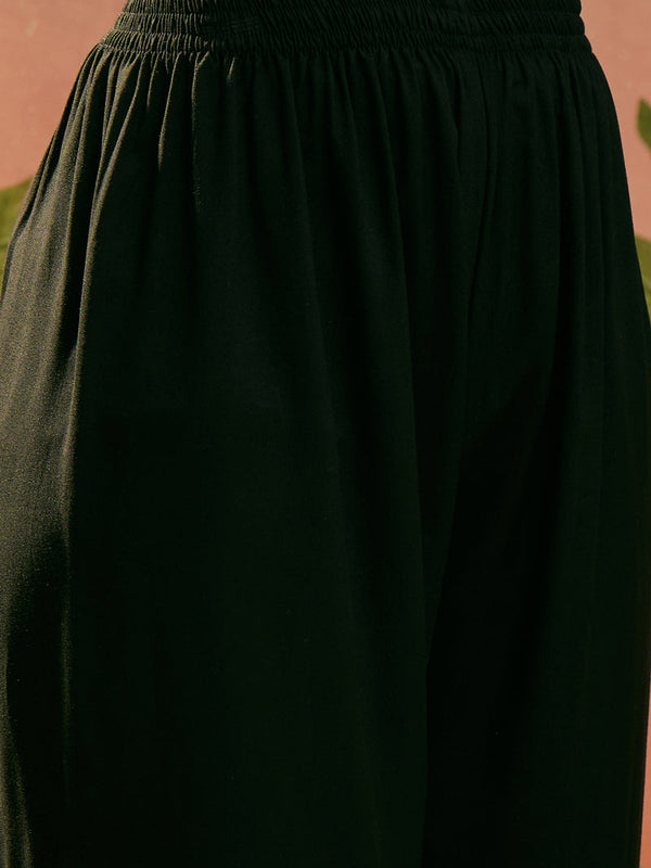 Women's Black Solid Rayon A-Line Kurta Pant Dupatta Set