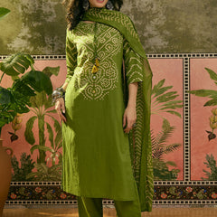 Women's Green Bandhej Printed Cotton Straight Kurta Pant Dupatta Set