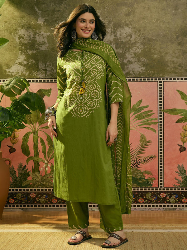Women's Green Bandhej Printed Cotton Straight Kurta Pant Dupatta Set