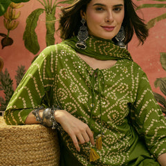 Women's Green Bandhej Printed Cotton Straight Kurta Pant Dupatta Set
