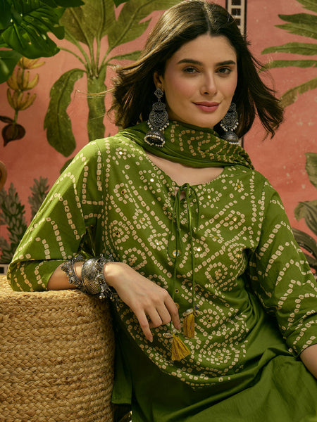 Women's Green Bandhej Printed Cotton Straight Kurta Pant Dupatta Set