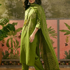 Women's Green Bandhej Printed Cotton Straight Kurta Pant Dupatta Set