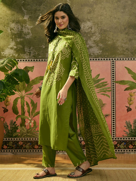 Women's Green Bandhej Printed Cotton Straight Kurta Pant Dupatta Set