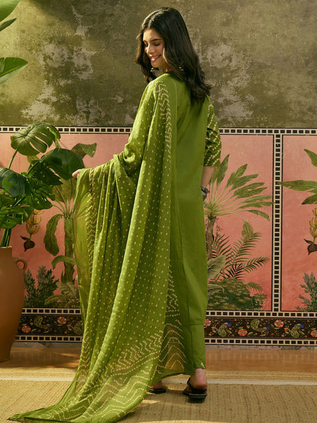 Women's Green Bandhej Printed Cotton Straight Kurta Pant Dupatta Set