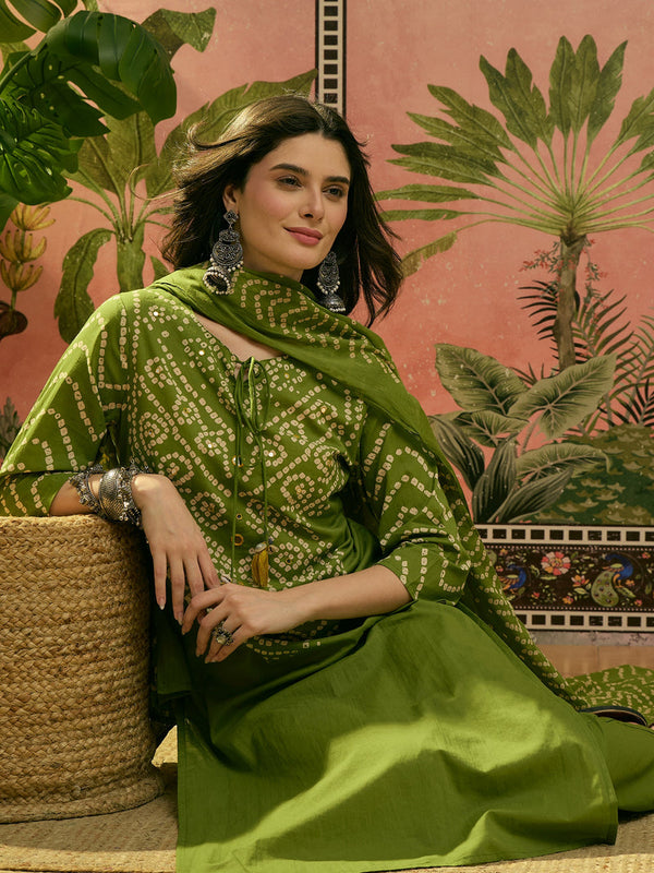 Women's Green Bandhej Printed Cotton Straight Kurta Pant Dupatta Set
