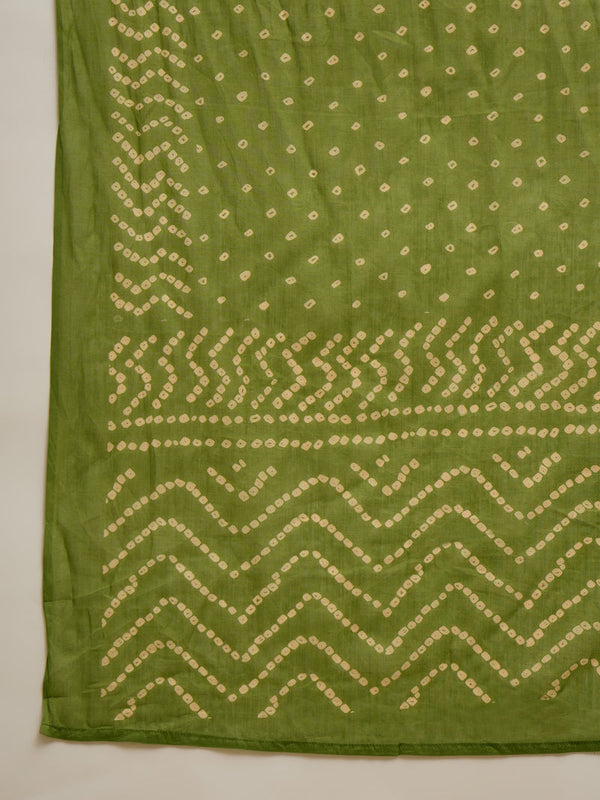Women's Green Bandhej Printed Cotton Straight Kurta Pant Dupatta Set