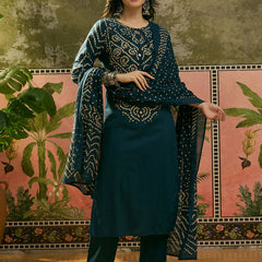 Women's Teal Bandhej Printed Cotton Straight Kurta Pant Dupatta Set