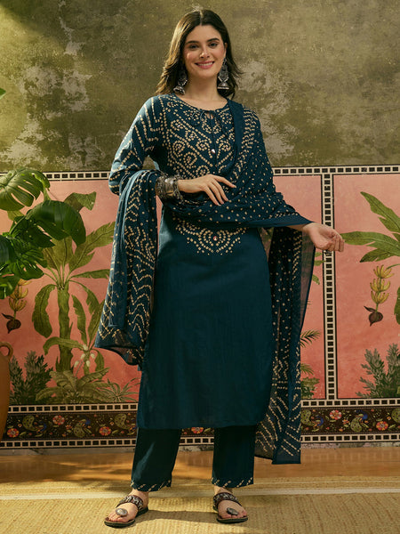 Women's Teal Bandhej Printed Cotton Straight Kurta Pant Dupatta Set