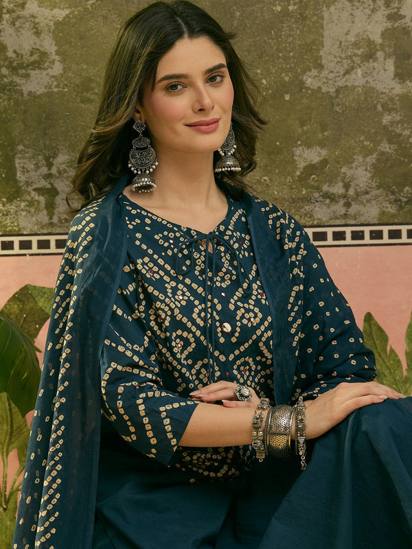 Women's Teal Bandhej Printed Cotton Straight Kurta Pant Dupatta Set