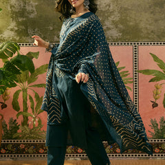 Women's Teal Bandhej Printed Cotton Straight Kurta Pant Dupatta Set