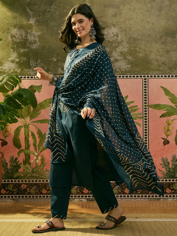 Women's Teal Bandhej Printed Cotton Straight Kurta Pant Dupatta Set