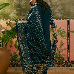 Women's Teal Bandhej Printed Cotton Straight Kurta Pant Dupatta Set