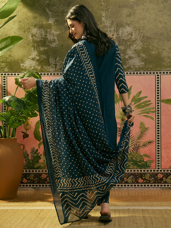 Women's Teal Bandhej Printed Cotton Straight Kurta Pant Dupatta Set