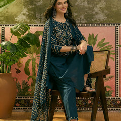 Women's Teal Bandhej Printed Cotton Straight Kurta Pant Dupatta Set