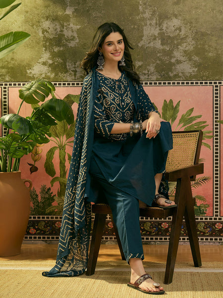 Women's Teal Bandhej Printed Cotton Straight Kurta Pant Dupatta Set