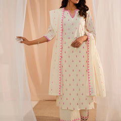 Floral Embroidered Thread Work Pure Cotton Kurta With Palazzos & Dupatta