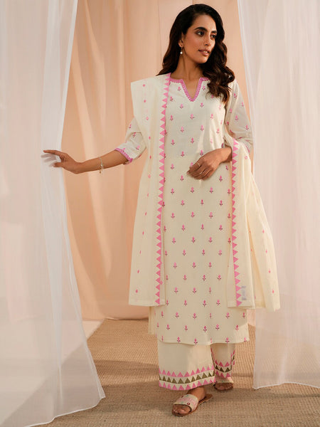 Floral Embroidered Thread Work Pure Cotton Kurta With Palazzos & Dupatta