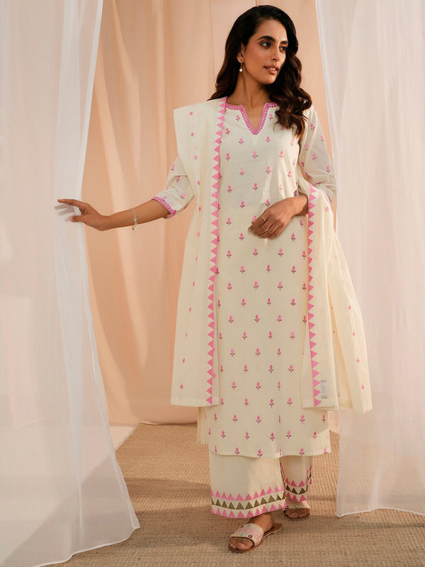 Floral Embroidered Thread Work Pure Cotton Kurta With Palazzos & Dupatta
