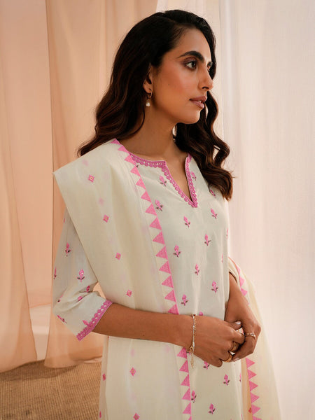 Floral Embroidered Thread Work Pure Cotton Kurta With Palazzos & Dupatta