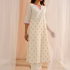 Floral Embroidered Thread Work Pure Cotton Kurta With Palazzos & Dupatta