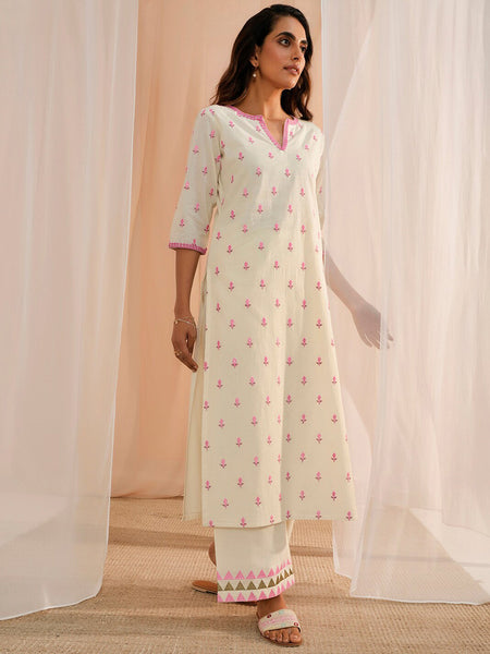Floral Embroidered Thread Work Pure Cotton Kurta With Palazzos & Dupatta