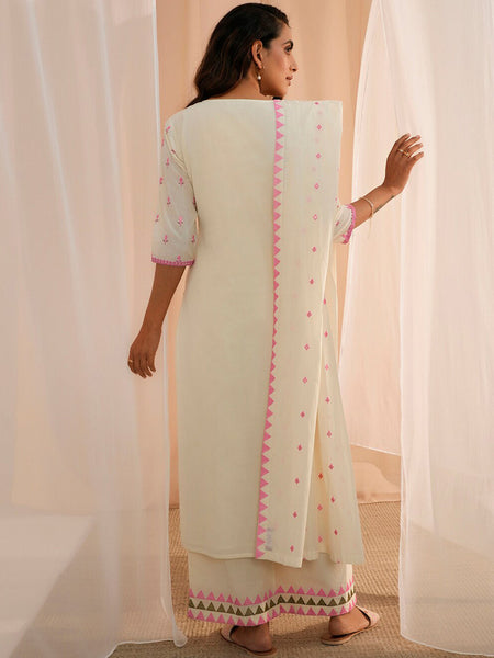 Floral Embroidered Thread Work Pure Cotton Kurta With Palazzos & Dupatta