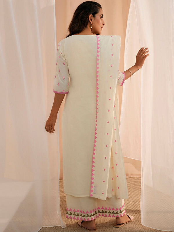 Floral Embroidered Thread Work Pure Cotton Kurta With Palazzos & Dupatta