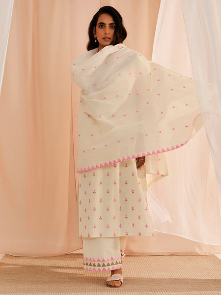 Floral Embroidered Thread Work Pure Cotton Kurta With Palazzos & Dupatta