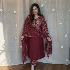 Maroon Bandhani Kurta Set With Dupatta