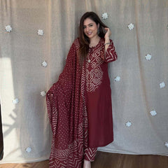 Maroon Bandhani Kurta Set With Dupatta