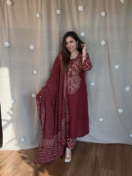 Maroon Bandhani Kurta Set With Dupatta