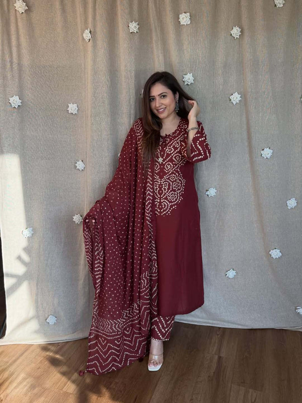 Maroon Bandhani Kurta Set With Dupatta