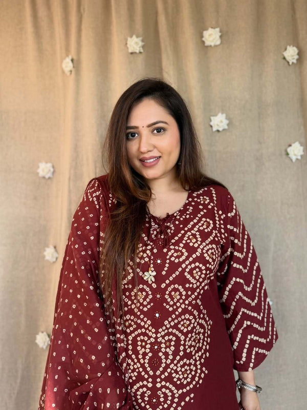 Maroon Bandhani Kurta Set With Dupatta