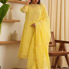 Women Floral Embroidered Anarkali Kurta with Trousers & Dupatta