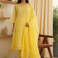 Women Floral Embroidered Anarkali Kurta with Trousers & Dupatta