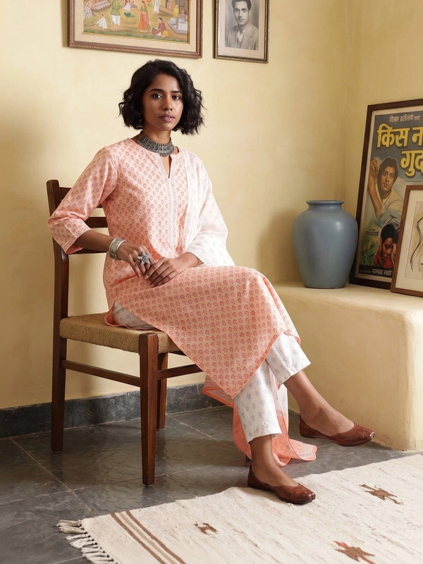 Indie-Floral Printed Straight Block Print Legacy Kurta with Trousers & With Dupatta
