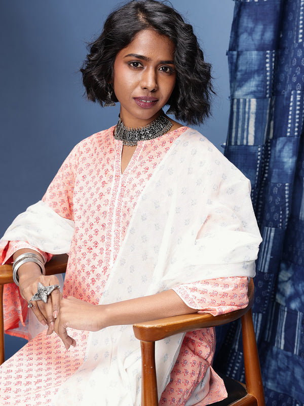 Indie-Floral Printed Straight Block Print Legacy Kurta with Trousers & With Dupatta