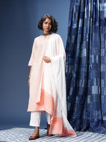 Indie-Floral Printed Straight Block Print Legacy Kurta with Trousers & With Dupatta