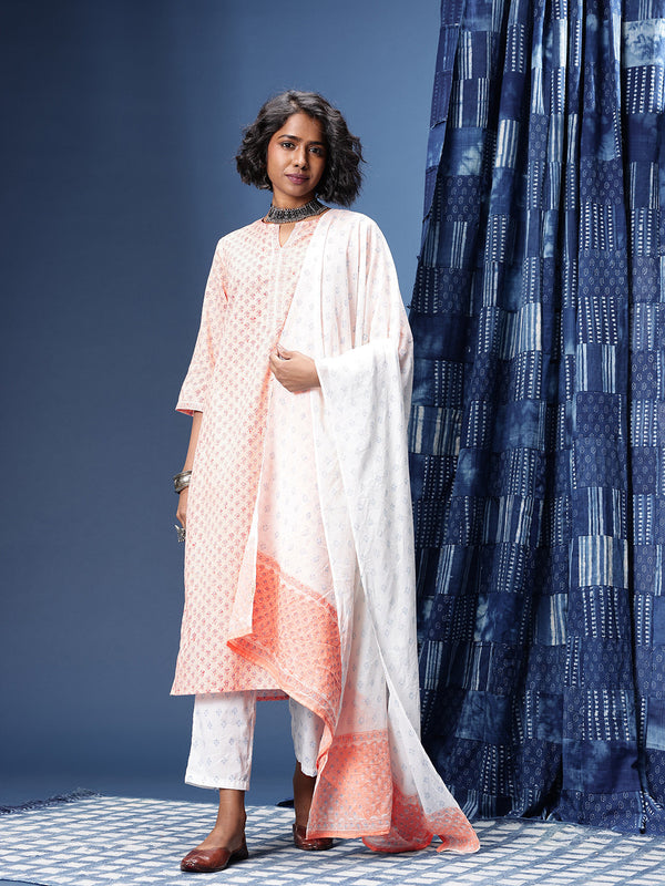 Indie-Floral Printed Straight Block Print Legacy Kurta with Trousers & With Dupatta