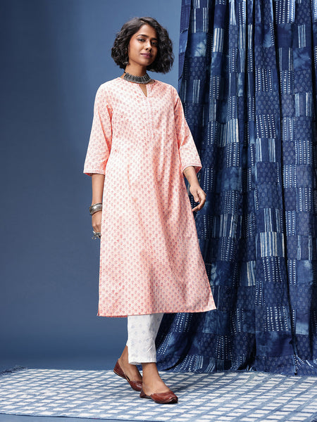 Indie-Floral Printed Straight Block Print Legacy Kurta with Trousers & With Dupatta