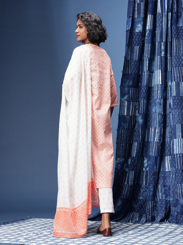 Indie-Floral Printed Straight Block Print Legacy Kurta with Trousers & With Dupatta