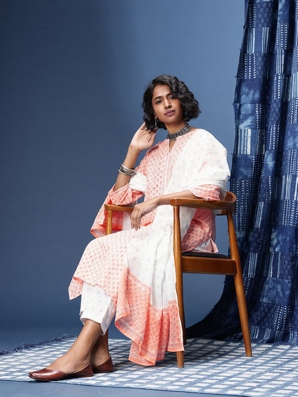 Indie-Floral Printed Straight Block Print Legacy Kurta with Trousers & With Dupatta
