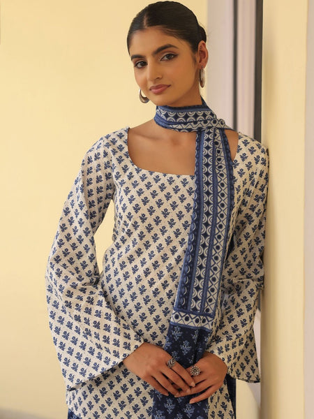 Blue & White Floral Printed Peplum Kurta Set with Palazzo & Dupatta