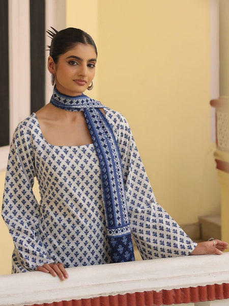 Blue & White Floral Printed Peplum Kurta Set with Palazzo & Dupatta