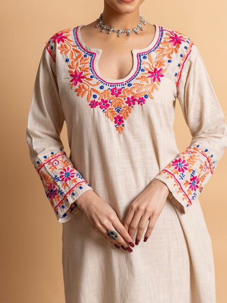 Beige Floral Embroidered Chikankari Kurta With Palazzo Cotton Set