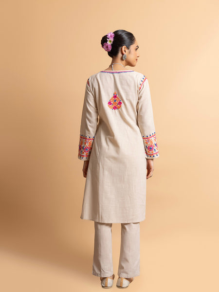 Beige Floral Embroidered Chikankari Kurta With Palazzo Cotton Set