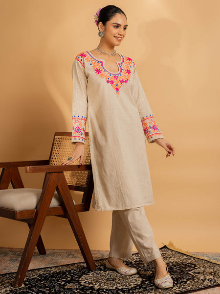 Beige Floral Embroidered Chikankari Kurta With Palazzo Cotton Set
