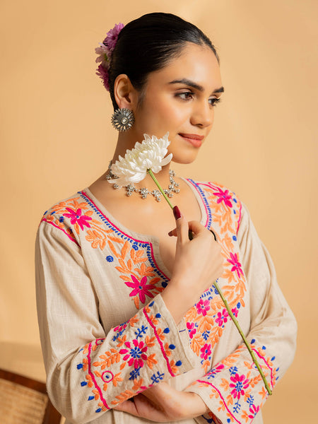 Beige Floral Embroidered Chikankari Kurta With Palazzo Cotton Set