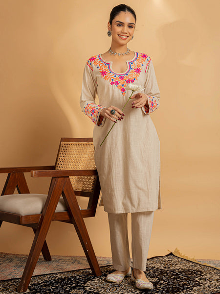 Beige Floral Embroidered Chikankari Kurta With Palazzo Cotton Set